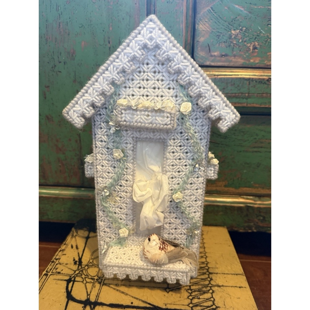 Vintage White Plastic Canvas & Yarn Stitch House-Shaped Kleenex Tissue Box Cover